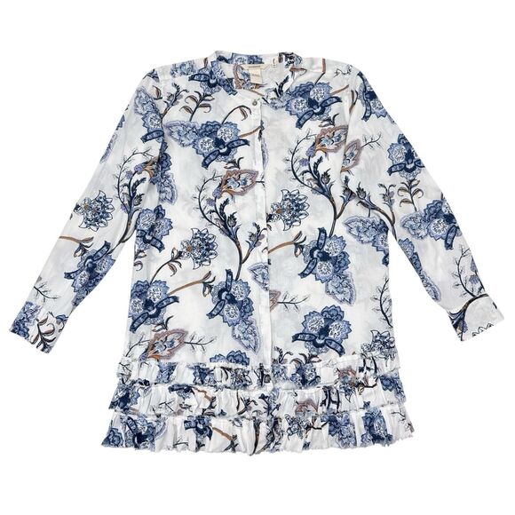 Sundance Top Medium White Floral Button Front Shirt Raw Hem Tiered Gwen Tunic - Picture 1 of 7